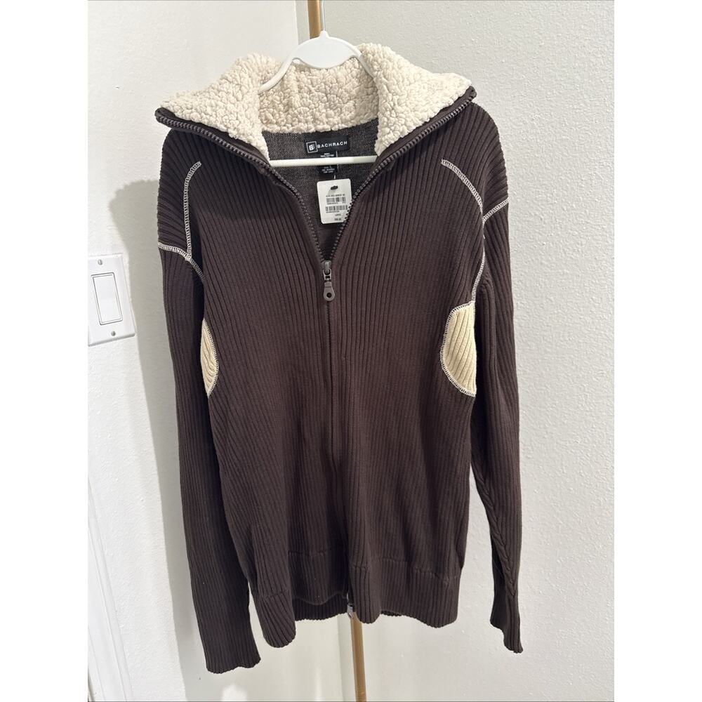 Bachrach Sweater Heavyweight Brown Patches Zipper‎ Mens NWT Sz Large